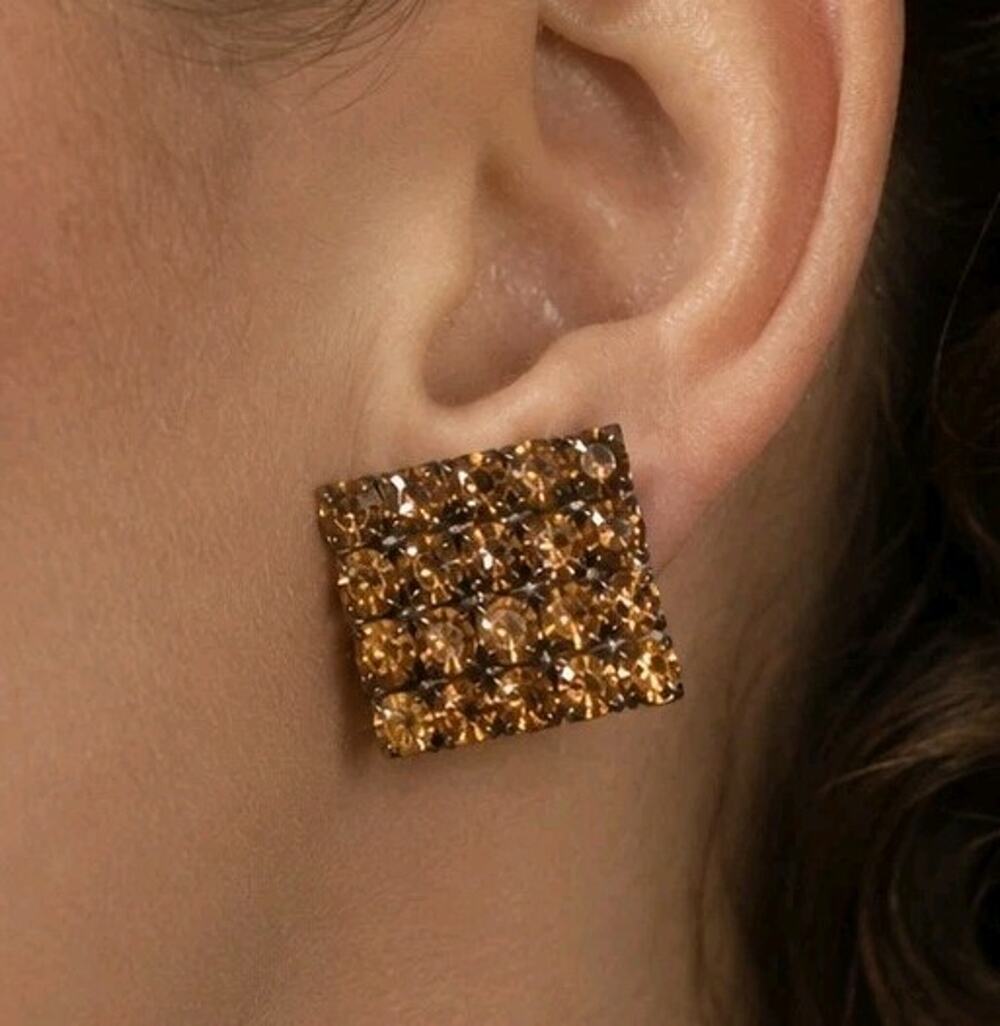 Vintage Amber Rhinestone Square Clip On Earrings Mid Century Statement Bling